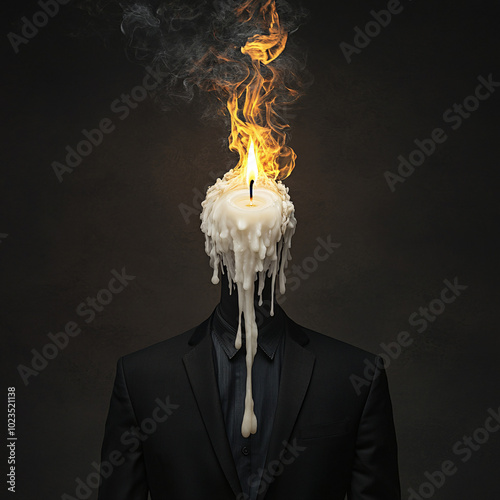 Surreal image of a man in a suit with a melting candle head, flames burning at the top in a symbolic portrayal of burnout or exhaustion photo