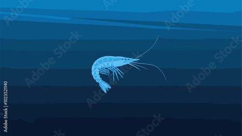 Single transparent shrimp against deep blue ocean, minimalist composition.