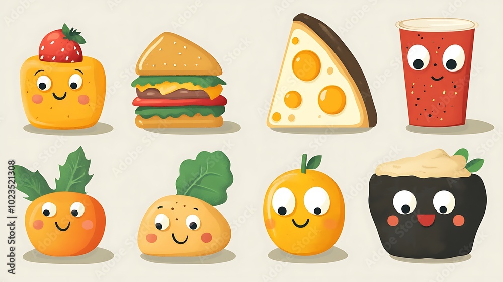 Cute Food Icons with Googly Eyes in Flat Design Cute Food Icons with Googly Eyes in Flat Design