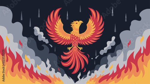 Phoenix rising from ashes, wings ablaze, symbolizing rebirth.