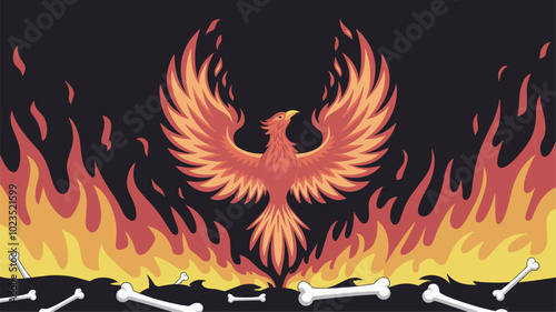 Phoenix rising from ashes, wings ablaze, symbolizing rebirth.