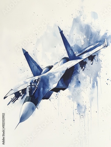 A dynamic blue watercolor painting of a fighter jet soaring through the sky, showcasing artistry and aviation with splashes of color.