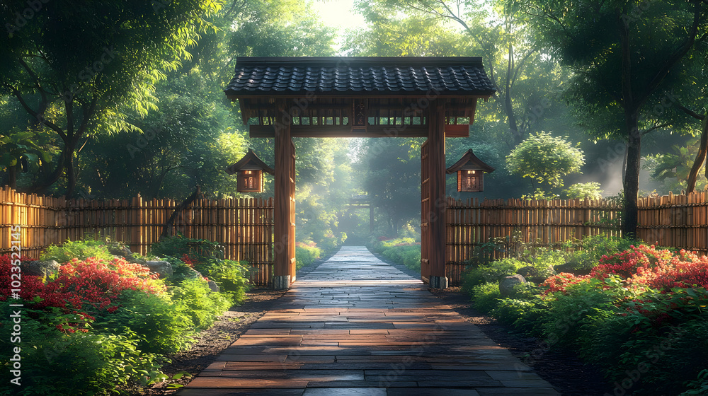 3D Illustration of a Stone Pathway Leading to a Traditional Wooden Gate in a Lush Garden 3D Illustration of a Stone Pathway Leading to a Traditional Wooden Gate in a Lush Garden