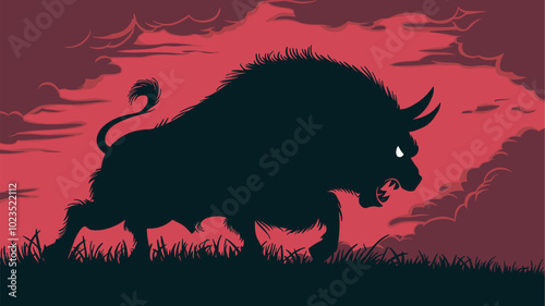 Silhouette of an enraged bull against a blood-red sky.