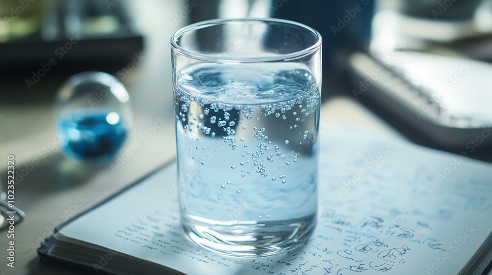 Refreshing glass of sparkling water with blueberries on a notebook, symbolizing hydration and healthy lifestyle choices in a modern workspace setting. Refreshing glass of sparkling water with blueberries on a notebook, symbolizing hydration and healthy lifestyle choices in a modern workspace setting.