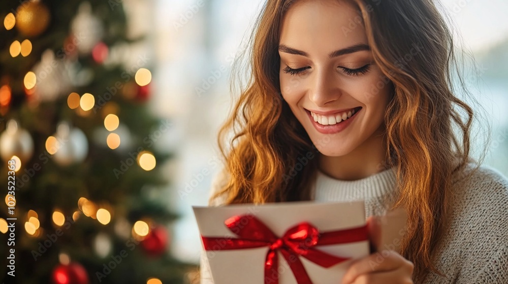 Joyful woman with radiant smile opens Christmas gift, her face illuminated by warm holiday lights. Festive atmosphere captures the magic of giving. Joyful woman with radiant smile opens Christmas gift, her face illuminated by warm holiday lights. Festive atmosphere captures the magic of giving.