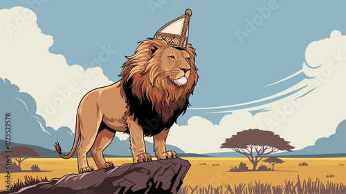 A lion with a ceremonial hat, standing on a rocky outcrop, with the savanna behind it.