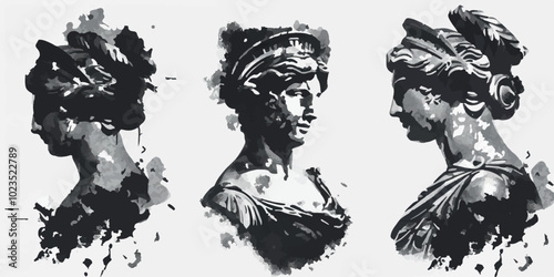 Set of three graffiti-style busts of classical sculptures. Black and white ink splash art depicting ancient statues, capturing a modern, edgy interpretation of classical Greek and Roman aesthetics.