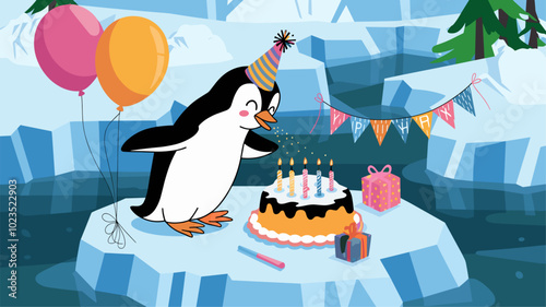 A festive birthday scene with a penguin and a tiny cake on an ice floe.
