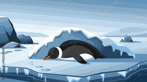 A penguin peacefully resting under a snow-covered rock on the ice.