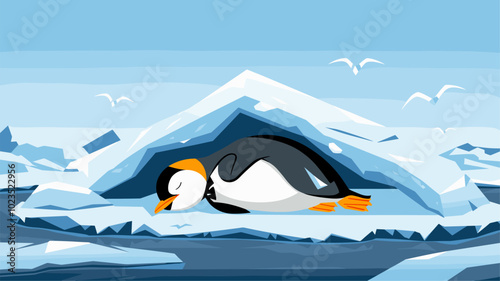 A penguin peacefully resting under a snow-covered rock on the ice.