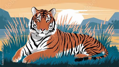 A tiger resting in tall grass, with a sunset casting golden hues over its coat, creating a tranquil scene.