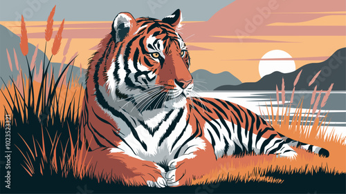 A tiger resting in tall grass, with a sunset casting golden hues over its coat, creating a tranquil scene.