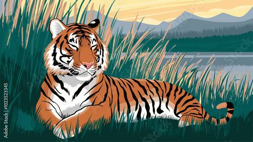 A tiger resting in tall grass, with a sunset casting golden hues over its coat, creating a tranquil scene.