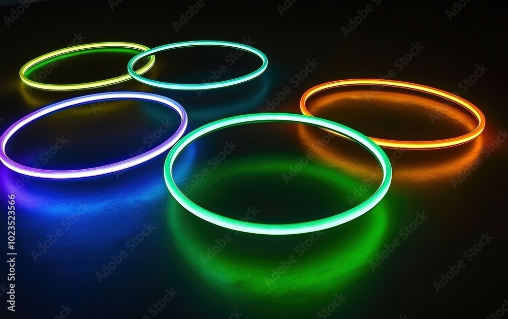 Colorful glow sticks arranged in circles on a dark surface for a festive evening gathering or celebration Colorful glow sticks arranged in circles on a dark surface for a festive evening gathering or celebration