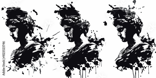 Set of three graffiti-style busts of classical sculptures. Black and white ink splash art depicting ancient statues, capturing a modern, edgy interpretation of classical Greek and Roman aesthetics.