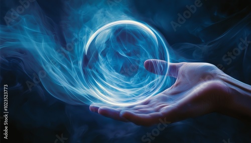 A hand holds a glowing orb surrounded by swirling smoke in a mystical atmosphere. photo