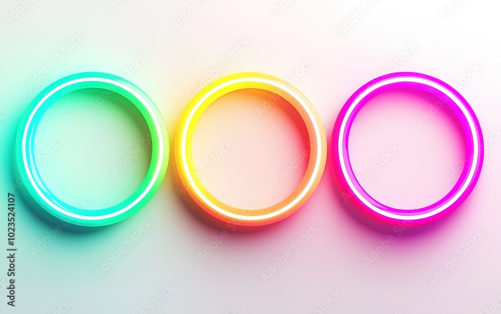 Three glowing rings in vibrant colors arranged in a line against a soft background enhancing their luminous appeal Three glowing rings in vibrant colors arranged in a line against a soft background enhancing their luminous appeal
