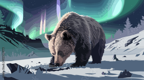 Majestic bear foraging in a snowy landscape, with the Northern Lights creating a colorful display that highlights its rugged features.