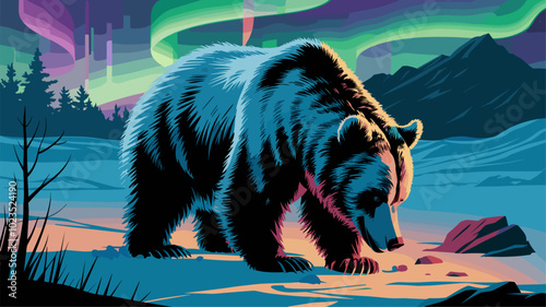 Majestic bear foraging in a snowy landscape, with the Northern Lights creating a colorful display that highlights its rugged features.