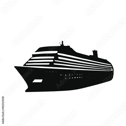 A black silhouette of a large cruise ship or passenger liner 