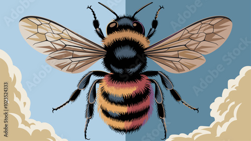 Bee against an isolated background, showcasing its detailed wings and vibrant colors in a simple, uncluttered environment.