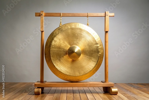 Golden gong on wooden stand for sound healing session