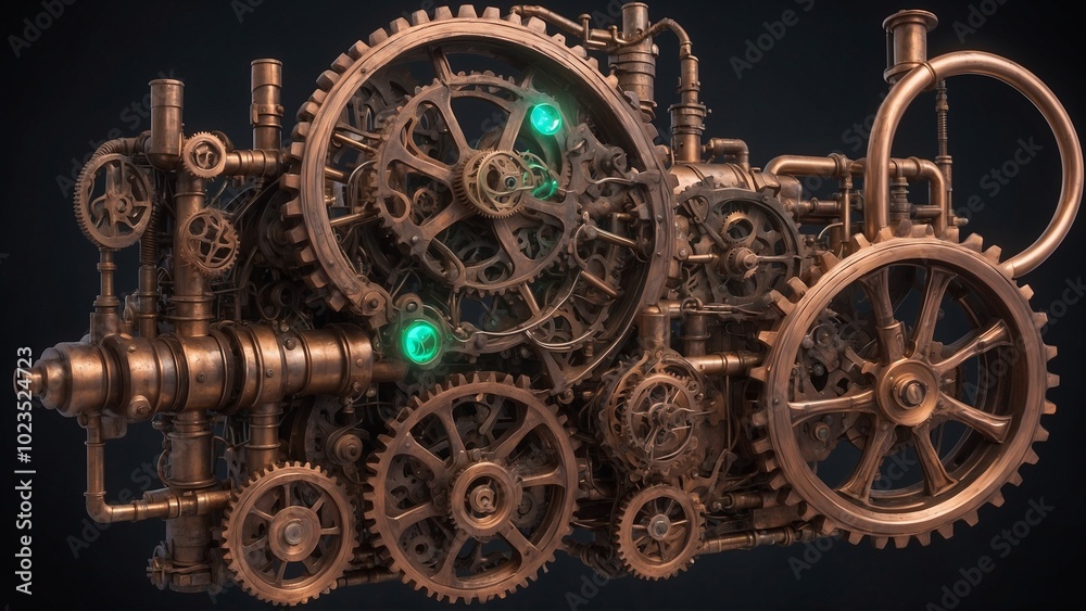 Fototapeta premium Steam-powered gears with glowing neon pipes in brass and copper tones representing retro-futuristic machinery