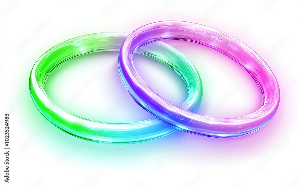 Colorful translucent rings intertwined, symbolizing unity and creativity in a vibrant design setting