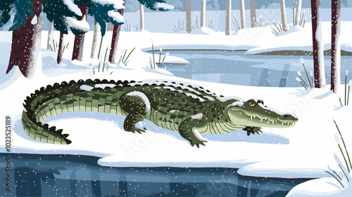 Rare scene of a crocodile navigating through a snowy landscape, with snowflakes gently settling on its rough skin and tranquil surroundings.