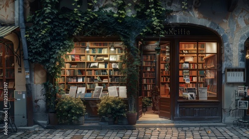 Enchanting European Bookstore Cozy Corner of Literary Delights on Cobblestone Street