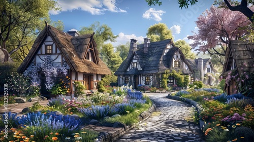 Enchanting Village Escape Thatched Roofs Blooming Gardens and Quaint Pathway Explore the Serenity of Rural Living