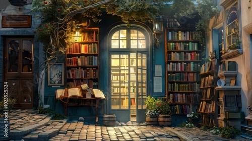 Enchanting European Bookstore Cozy Corner of Literary Delights on Cobblestone Street