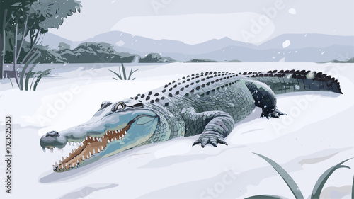 Rare scene of a crocodile navigating through a snowy landscape, with snowflakes gently settling on its rough skin and tranquil surroundings.