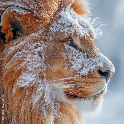 A lion’s head dissolving into the tranquil, snowy landscape of Lapland, with soft snowflakes becoming part of its mane. Isolated on white. AR: 3:2.  photo