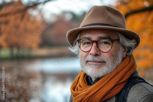 A mature man wrapped in a warm scarf and classic hat stands by a tranquil lake, enveloped by the rich hues of autumn foliage, embodying serenity and reflection.
