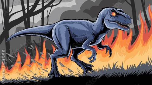 Dinosaur escaping blazing forest, flames reflected in eyes, powerful legs moving swiftly.