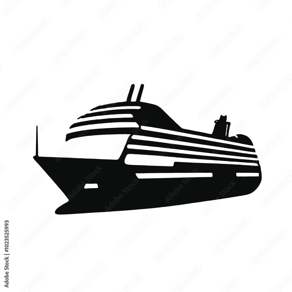 A black silhouette of a large cruise ship or passenger liner A black silhouette of a large cruise ship or passenger liner