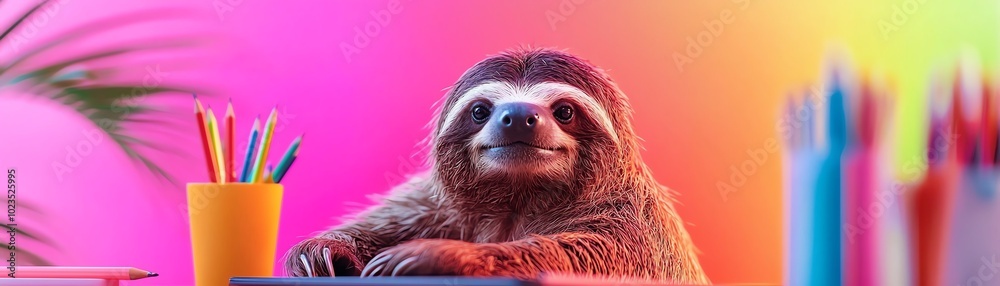 A cheerful sloth sitting at a desk with colorful stationery on a vibrant background.