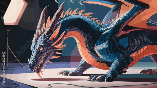 Dragon poised in studio setting, scales gleaming under professional lighting, every detail meticulously captured.
