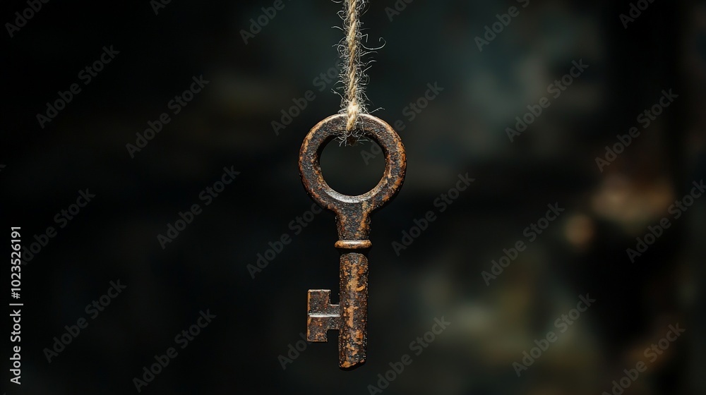 old wooden key hanging with black background old wooden key hanging with black background