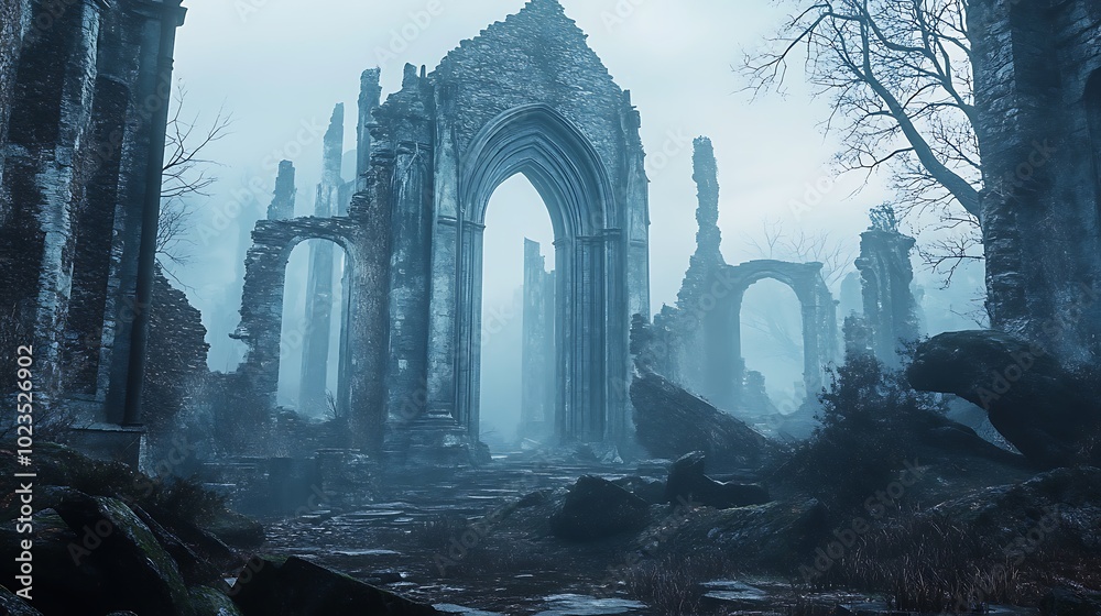 A haunting landscape of ancient ruins shrouded in mist, evoking a sense of mystery and decay. A haunting landscape of ancient ruins shrouded in mist, evoking a sense of mystery and decay.