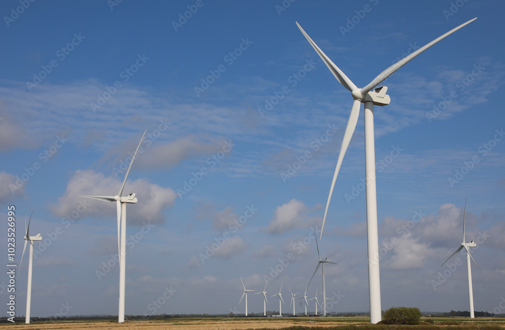 wind turbine with three blades rotating using wind power to produce electricity with zero environmental impact installed in a field wind turbine with three blades rotating using wind power to produce electricity with zero environmental impact installed in a field