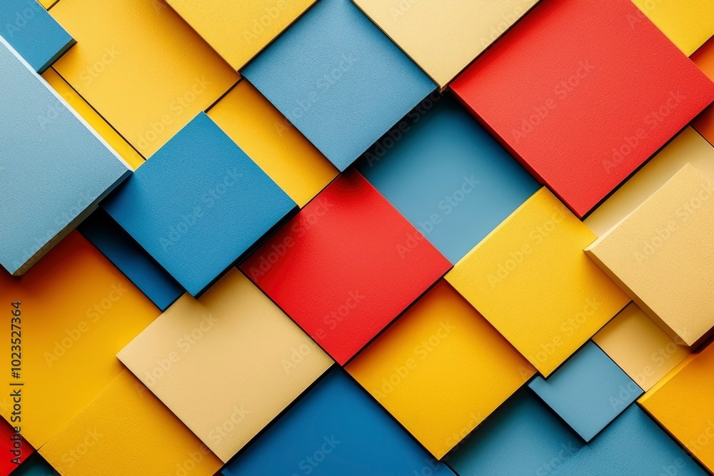 Abstract Geometric Pattern of Overlapping Squares in Yellow, Red, and Blue Abstract Geometric Pattern of Overlapping Squares in Yellow, Red, and Blue