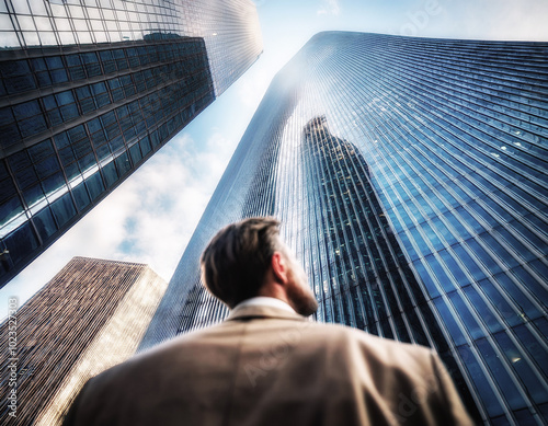 Perspectiva de un hombre mirando hacia lo alto de un rascacielos pensando en el exito y el triunfo en la empresa photo