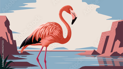 Flamingo against an isolated background, showcasing its elegant pink plumage and features in a simple, uncluttered environment.