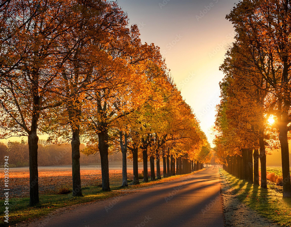 Fototapeta premium Autumn evening glow with illuminating a tree-lined path at sunset
