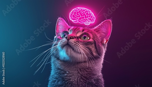 A curious cat gazes upward, with a pink glowing brain above its head, on a vibrant, colorful background. photo