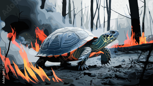 Dramatic scene of a turtle navigating through a forest in flames, with smoke and fire surrounding it, showcasing its steady progress amidst the chaos.
