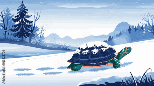 Serene scene of a turtle moving through a snow-covered landscape, with snowflakes gently settling on its shell and quiet wintry surroundings.